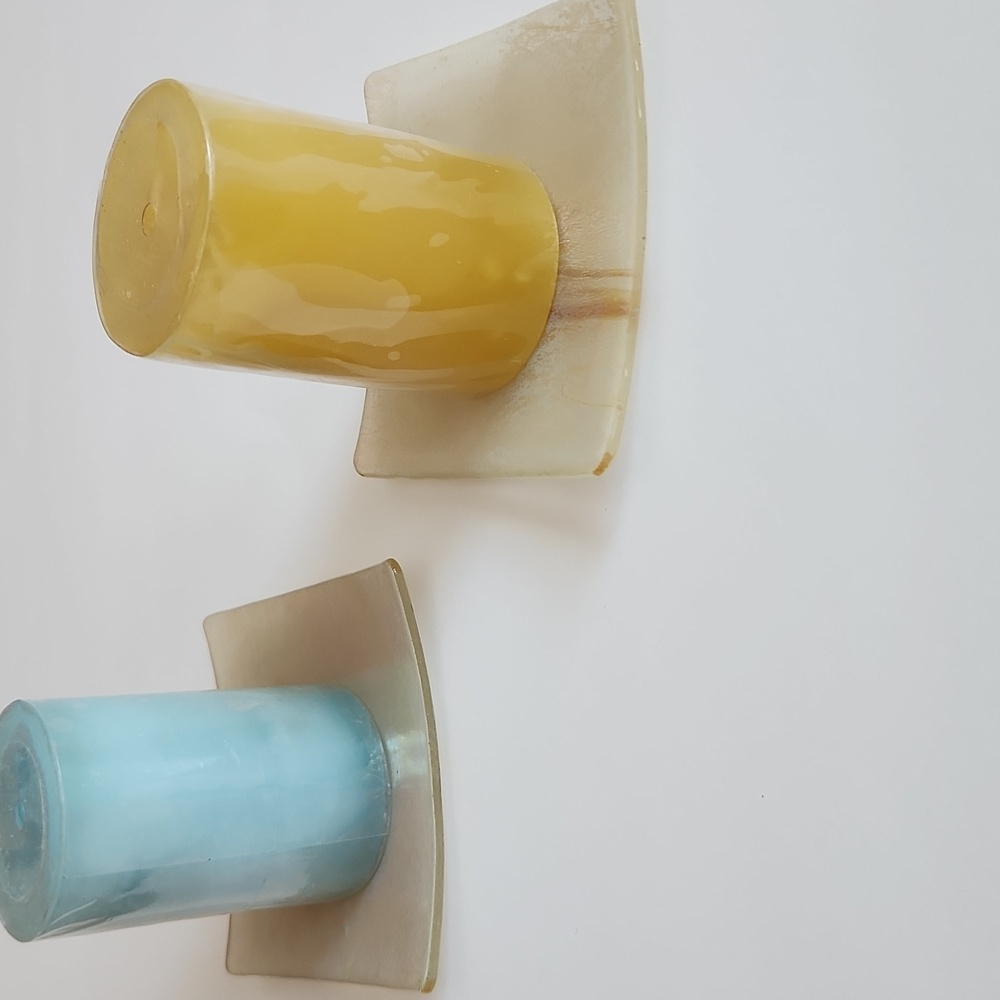 Pair Of Irridescent Textured Glass Candle Holders Or Ring Trays
